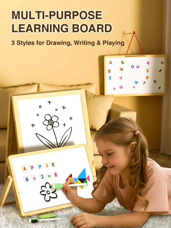 Pizarra para dibujar para niños con pizarra negra y pizarra blanca de doble cara, tablero de madera con letras y números magnéticos - Pizarra educativa para dibujar y aprender para niños pequeños y niños