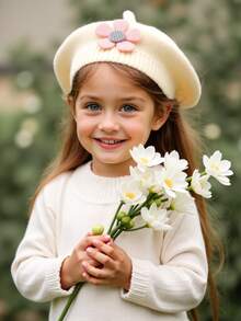 1件装宝宝毛线帽英伦复古街头风秋冬女童可爱花朵贝雷帽针织艺术画家帽百搭帽子1-4岁女童 - 彩色 - 查看 3