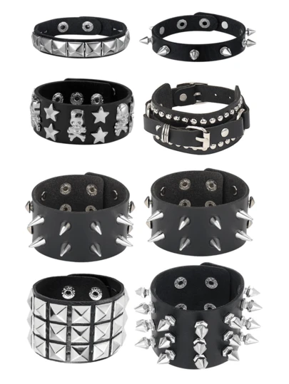 Yanxyad Conjunto de pulseras de PUnk para hombres, pulseras de PU con remaches, hebilla y picos, brazalete negro gótico y steampunk, estilo rock cool de los 80 para hombres, mujeres y unisex, accesorios para fiestas, joyería, cosplay y regalos sexys para clubes nocturnos