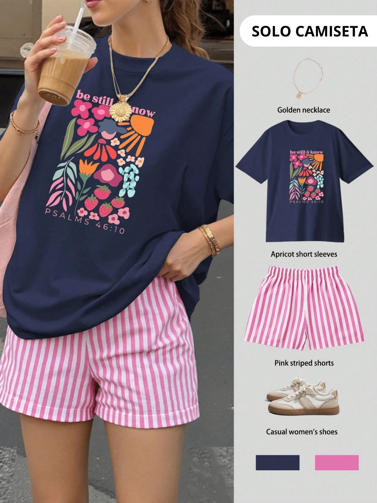 Camiseta de mujer de verano blusa oversize de manga corta con estampado floral ideal para el tiempo libre y las vacaciones en la playa - Azul Marino - Ver 1