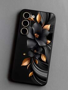 黑色3D立体花卉图案金色叶子手机壳，1个装，时尚黑金花卉图案手机壳，兼容Galaxy A04e/A05s/A13/A14/A15/A34/A35/A50/A52/A53/A54/S21/S22/S23/S24/S25/S25 Ultra，春季礼物，国际版，非国内版 - 黑色 - 查看 5