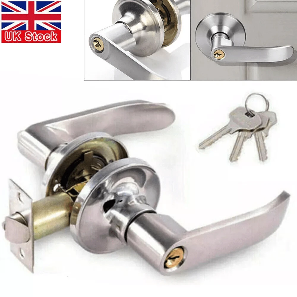 Lislark 1SET Door Handle With Lock And Key, Security Key Reversible Lever Exterior, Door Lock, Suitable For Front Door And Bedroom, Satin Chrome Plated, Pry-Proof Smart Key Relock Core Secure Local Stock Shipped - Silver - View 1