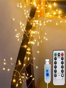 1 件 3.5 米 50 个 LED 灯 5 米 100 个 LED 灯 USB 供电装饰灯带遥控器，暖光多模式铜线仙女灯串，可用于装饰派对、婚礼、卧室、窗帘、花瓶 - USB+遙控 - 查看 1
