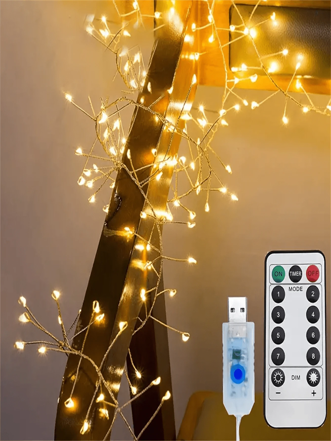 1 件 3.5 米 50 个 LED 灯 5 米 100 个 LED 灯 USB 供电装饰灯带遥控器,暖光多模式铜线仙女灯串,可用于装饰派对、婚礼、卧室、窗帘、花瓶 - USB+遙控 - 查看 1