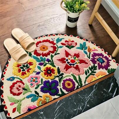 1 件装 2D 花园草坪园艺户外半圆形门垫，仿刺绣风格彩色花卉图案印花，耐用室内地毯，理想的圣诞节、情人节和复活节秋季装饰品，户外装饰，轻便半圆形门垫，浴室地垫，可机洗门垫，复古半圆形门槛垫，入口，户外迎宾垫，适用于厨房、入口、户外、客厅、卧室和厨房入口地毯