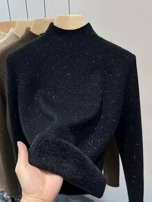 Women's Elegant Casual Turtleneck Knitted Sweater, Shiny Undershirt Knit Pullover, Slimming Fashion Commuter Elegant Fleece Top, Autumn/Winter - Black - View 2