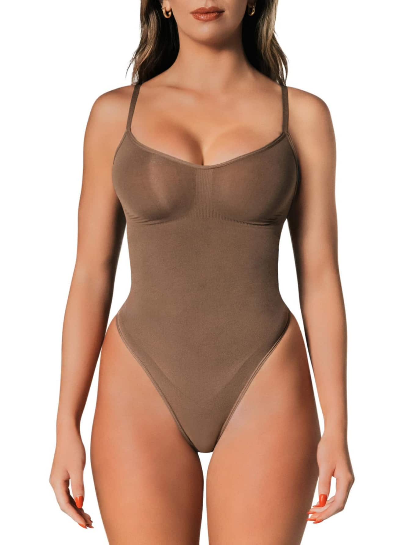 Tummy Control Tank Bodysuit – Thong Shapewear With Snatched Waist - 咖啡棕 - 查看 1