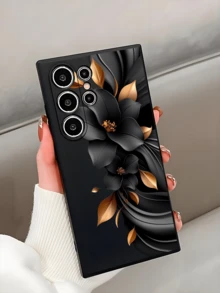 黑色3D立体花卉图案金色叶子手机壳，1个装，时尚黑金花卉图案手机壳，兼容Galaxy A04e/A05s/A13/A14/A15/A34/A35/A50/A52/A53/A54/S21/S22/S23/S24/S25/S25 Ultra，春季礼物，国际版，非国内版 - 黑色 - 查看 3