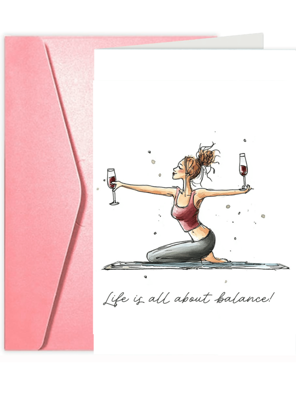 1pc Funny Female Friend Birthday Card - Funny Bestie Birthday Card For Her - Best Friend Birthday Card - Birthday Cards For Women - Life Is All About Balance Yoga And Wine - Sister Auntie Mum Daughter
