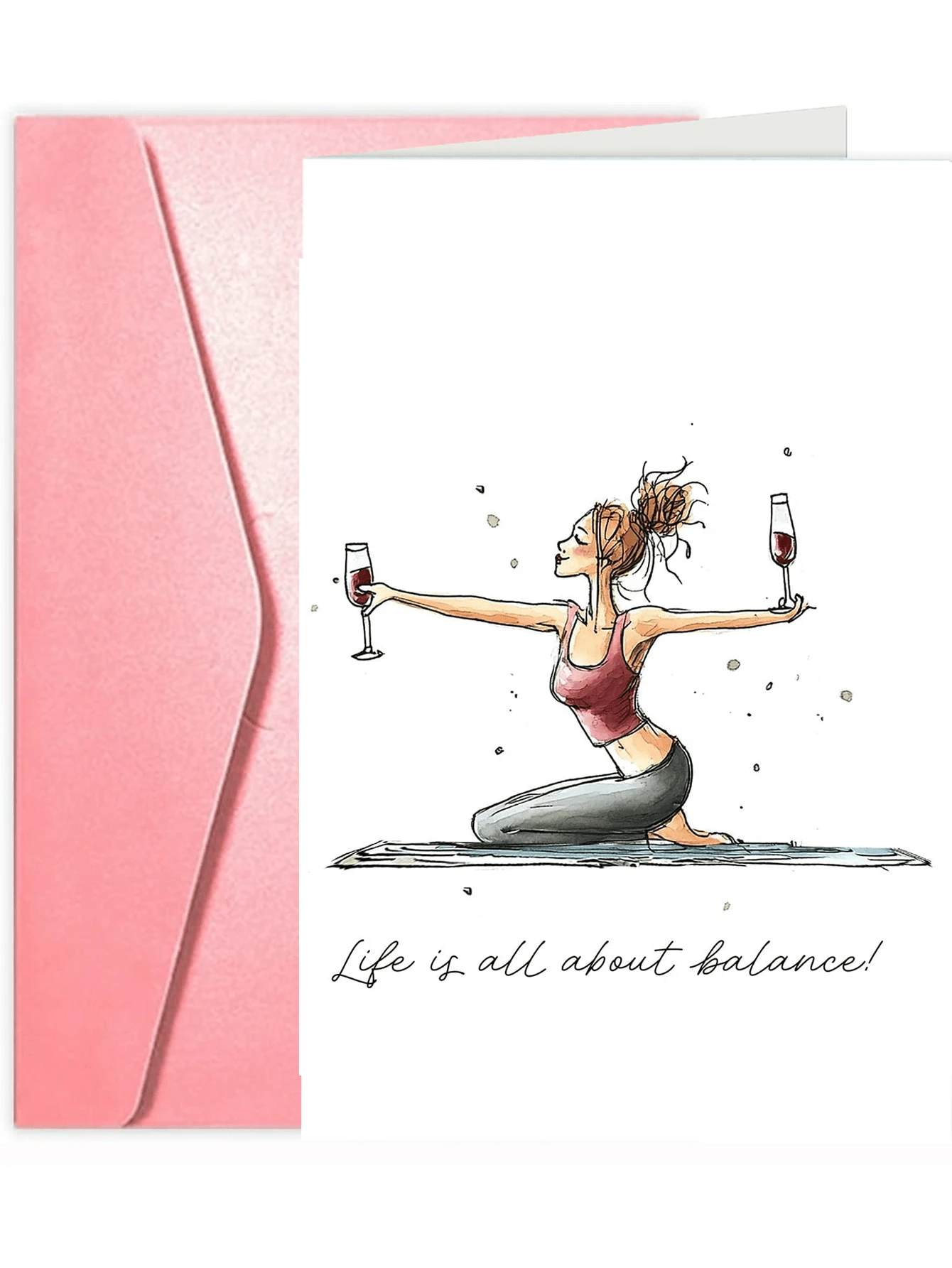 1pc Funny Birthday Card For Female Friends - Humorous Birthday Card For Bestie - Girlfriend Birthday Card - Women's Birthday Card - Life Is About Balance: Yoga & Wine - For Sisters, Aunts, Moms, Daughters - Multicolor - View 1