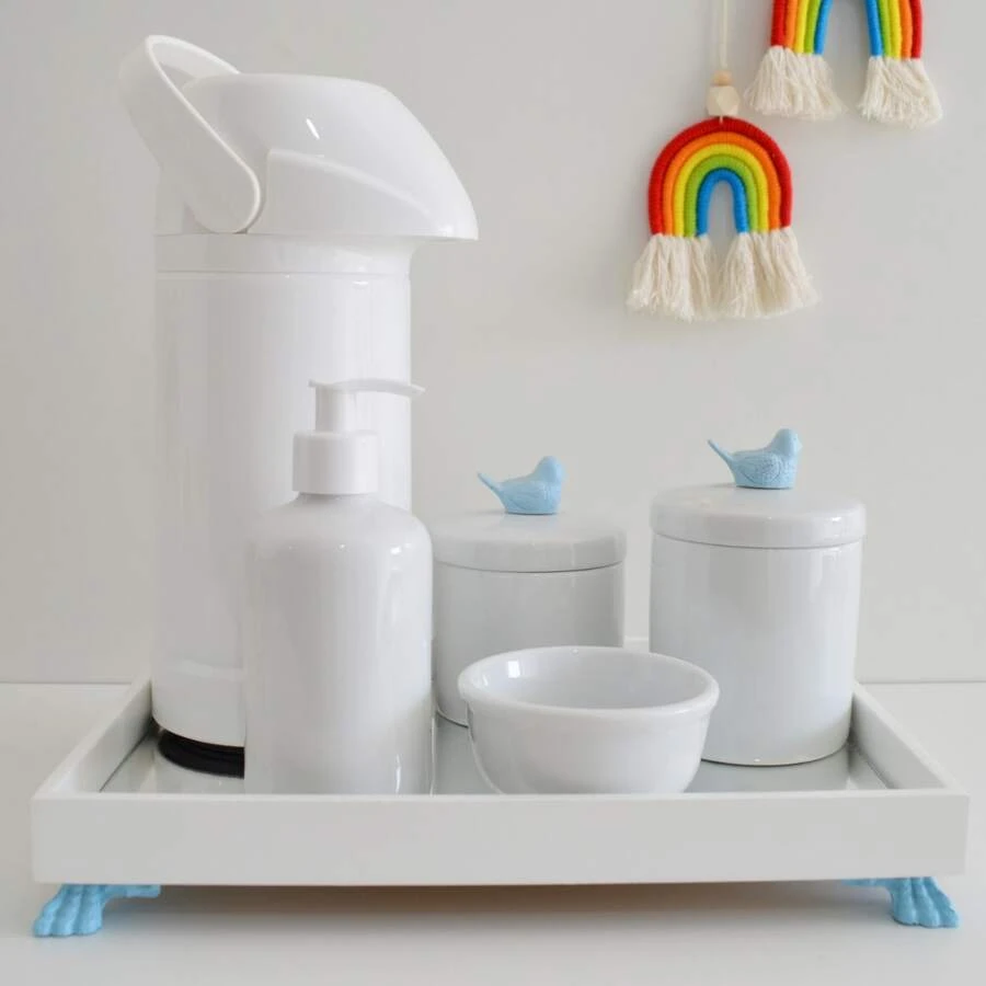 Kit Higiene Bebe Infantil Moderno Cuidado Banho Porcelanas Bandeja Térmica K030 Ovelha - Azul - Visão 1