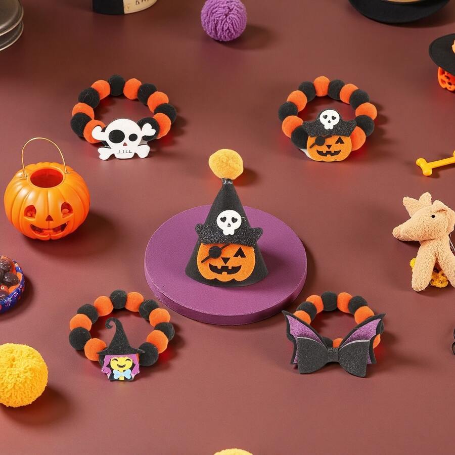 Halloween Pet Costume 5-Piece Set: 4 Themed Collars (Skull/Pumpkin/Pirate/Witch) + Hat | Adjustable Elastic Bandana, Pom Pom Necklace & Decor For Cats, Dogs