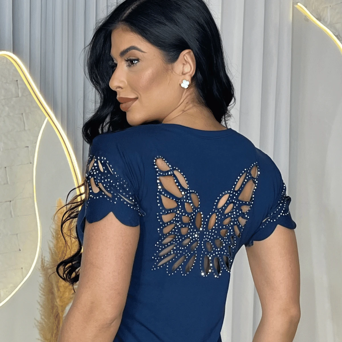 Women's Baby Look Top, Laser Cut, Shiny Butterfly Back, M, L, XL, Cut And Sew, Butterfly, Insect Print, Rhinestone Fabric, Sports And Fitness, Evening, Holiday, Vacation, Daily - 藏蓝色 - 查看 1