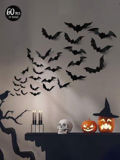 60 Pcs Halloween Decoration Items - Black Bat Stickers, 3D Three-Dimensional Bat Wall Stickers For Party Decoration Scenes