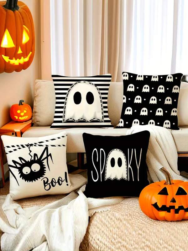 4 pièces, Taie d'oreiller d'Halloween à simple face, style moderne, en matériau polyester avec fermeture éclair, lavable en machine, convient pour le salon, coussin décoratif avec motif citrouille et crâne 45 x 45 cm, décoration d'Halloween, décoration effrayante pour la maison