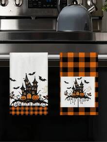 2pcs/4pcs/12pcs Halloween Castle Pattern Kitchen Towels, Halloween Bat Pattern Bathroom Towels, Halloween Outdoor Party Towels, Halloween Home Decor, Halloween Kitchen Decor, Modern Style, Quick Drying, Super Soft Microfiber Material, Rectangular, 15.75IN*23.62IN/40*60CM Digital Printing Pattern, Suitable For Outdoor Party Decoration, Halloween Holiday Gifts