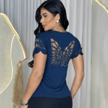 Women's Baby Look Top, Laser Cut, Shiny Butterfly Back, M, L, XL, Cut And Sew, Butterfly, Insect Print, Rhinestone Fabric, Sports And Fitness, Evening, Holiday, Vacation, Daily - 藏蓝色 - 查看 2