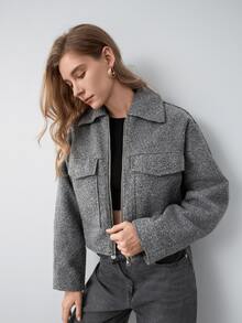 HZXVIC Women's Autumn New Solid Color Zipper Casual Large Pocket Commuter Jacket - Grey - View 4
