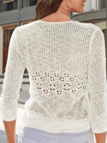 Womens Sheer Shrug Sweaters 3/4 Sleeve Open Front Tie Cardigan Bolero Jacket Lightweight Crochet Knit Cover Up Tops - 白色 - 查看 2