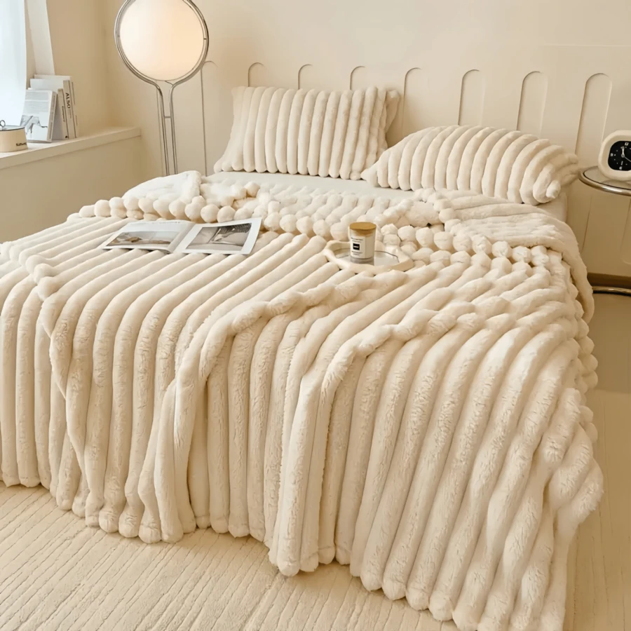 Warm And Cozy Flannel Blanket With Drawstring, Faux Rabbit Fur, Soft And Warm For Couch, Ideal For Nap, Office, Camping, Versatile Striped - Gift For All Seasons - Beige - View 1