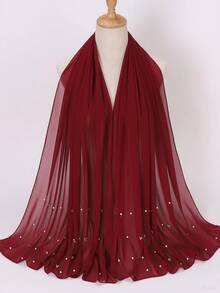 1pc Women's Solid Color Chiffon Long Scarf With Pearl Decor Chiffon Headscarf For Dress - Burgundy - View 2