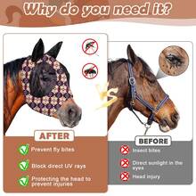 (M, L) Purple Printed Fly Mask, Soft & Skin-Friendly, Breathable, UV Protection, Anti-Mosquito, Anti-Fly Mask, Suitable For All-Day Horse Protection