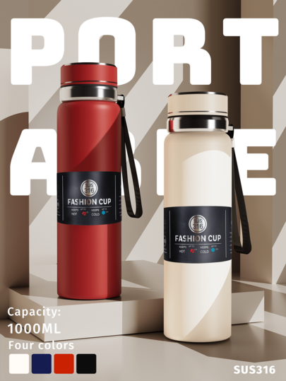 1 pieza Botella de agua aislada de acero inoxidable de 1 litro - Taza de café, taza de coche, taza de agua de gran capacidad, a prueba de fugas, portátil, adecuada para actividades al aire libre, escalada de montaña, camping, botella de agua deportiva y de viaje - Con tapa que se puede usar como taza de agua, adecuada para la escuela, el camping y el senderismo