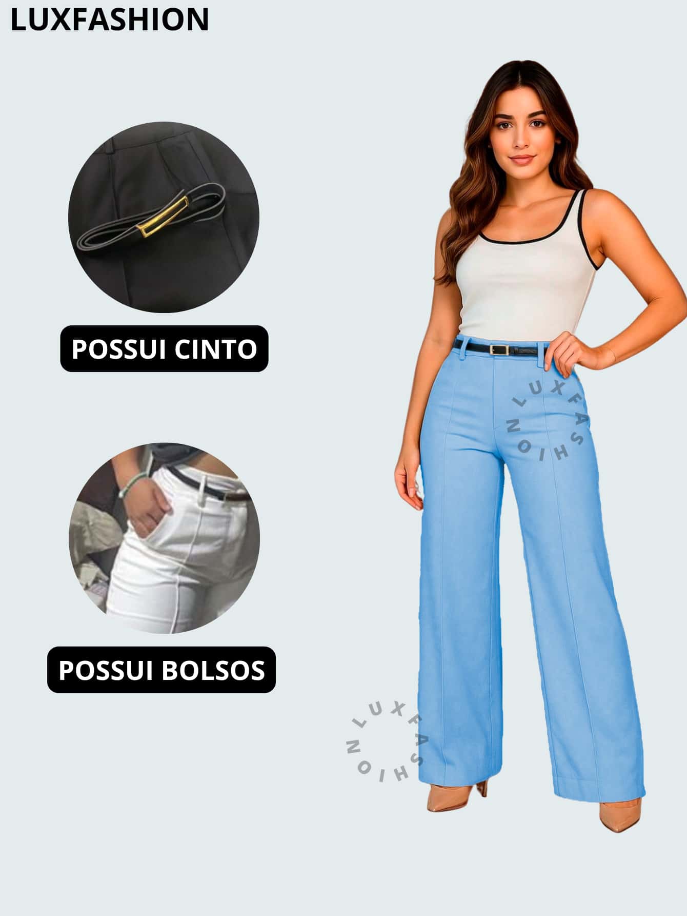 Women's Wide Leg Elegant Tailored Pantaloons With Belt - Baby Blue - View 6