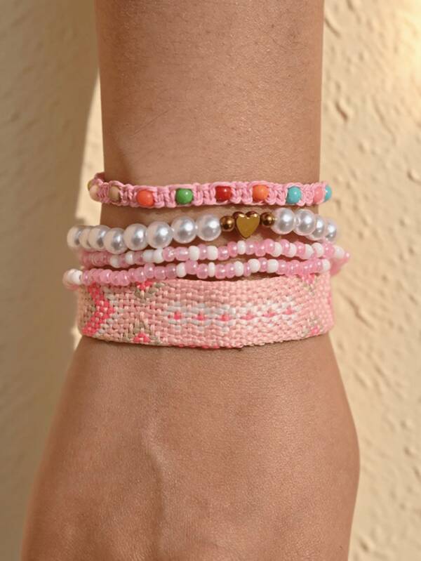 4 pièces Bracelets d'amitié bohèmes polyvalents en ABS avec perles de faux perles, cordes tressées en forme de cœur. Convient pour les déplacements quotidiens et les achats des femmes, cadeau parfait pour les meilleures amies