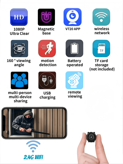 كاميرا أمان لاسلكية 1080P HD واي فاي، كاميرا منزلية داخلية/خارجية، اتصال محمول، مراقبة عن بعد والبث المباشر، مضادة للسرقة، كشف حركة، كاميرا شبكية