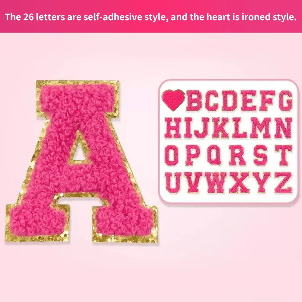 Self-Adhesive Patches In The Shape Of 26 Letters; DIY Patterns; Suitable For Water Cups, Jeans, Jackets, Backpacks(The Heart Shape Is The Ironing Style) - Rose Red - View 1