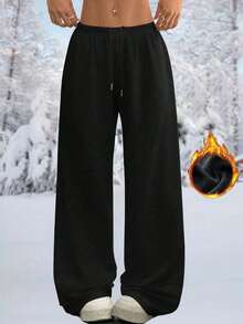 Women's Warm Thermal Lined Casual Straight Pants Women's Pants, Winter Daily Simple Casual Warm Thick Trousers Soft Straight Pants, Women's Clothing, Women's Trousers - Black - View 6