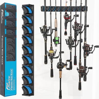 Vertical Fishing Rod Holder, Wall Mounted, Holds 9 Rods/Combos, For Garage, Fits 3-19mm Diameter Rods