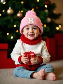 1顶个性化刺绣婴儿针织帽，26个字母针织绒球帽，适合幼儿男孩和女孩 - 粉色 - 查看 6