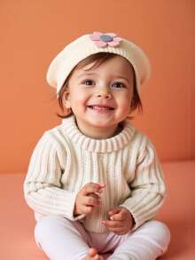 1件装宝宝毛线帽英伦复古街头风秋冬女童可爱花朵贝雷帽针织艺术画家帽百搭帽子1-4岁女童 - 彩色 - 查看 5