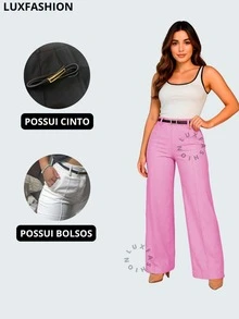 Women's Wide Leg Elegant Tailored Pantaloons With Belt - Màu Hồng baby - Xem 6