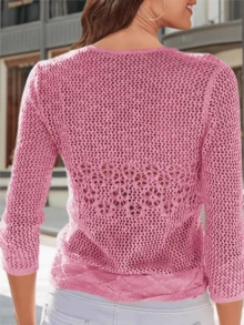 Womens Sheer Shrug Sweaters 3/4 Sleeve Open Front Tie Cardigan Bolero Jacket Lightweight Crochet Knit Cover Up Tops - 粉色 - 查看 2