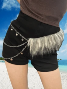 1pc Tie-Dye Gray Star Sexy Street Vintage Party PU (Leather) Fuzzy Waist Belt, High-End Gray & White Color With Star Chain, Versatile For Pants, Suitable For Dance, Spring/Summer/Autumn/Winter, Y2K Baddie Style Fall, Autumn, Halloween - Multicolor - View 11