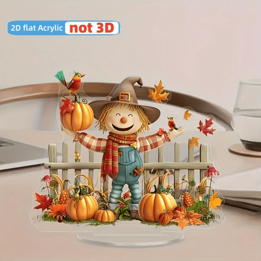 2D Flat, 2D Flat Acrylic Scarecrow And Pumpkin Desktop Decoration - Autumn Harvest Halloween Decoration With Red Checkered Scarf, Blue Strap Pants, And Colorful Pumpkin, Battery Free Autumn Home And Office Decoration, Inspired Holiday Gift Ideas, Halloween Home Decoration, Festive Desktop Ornaments, Carefully Crafted Autumn Scene, 2D Flat