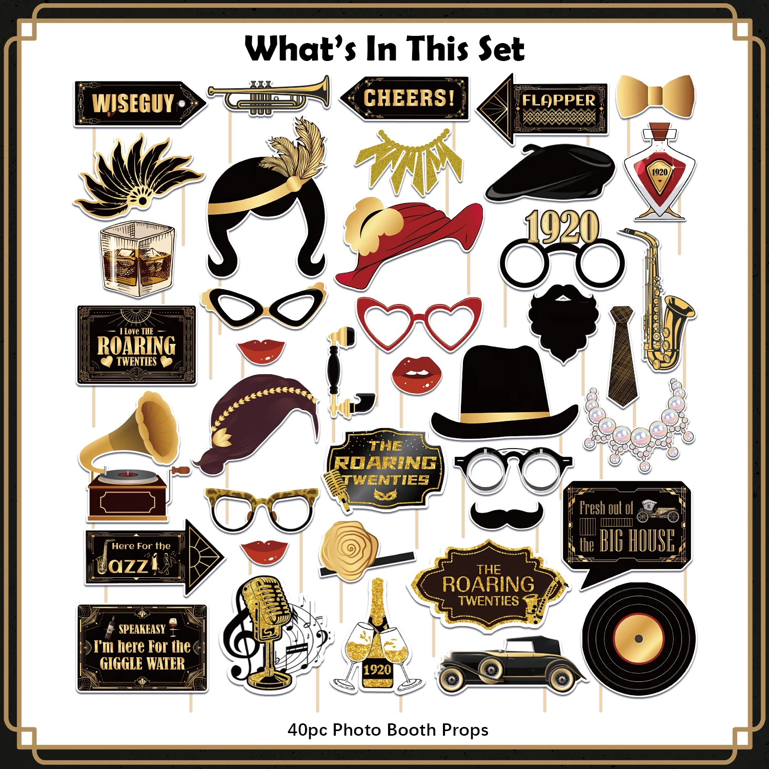 40 Stücke 1920er Jahre Fotobox, 1920er Jahre Party Dekorationen, Roaring 20s Party Dekorationen, für Familie, Freunde Party Foto Zubehör