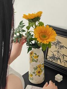 1 pièce Mini vase en céramique fait main vintage tournesol, porte-fleurs floral doré à glaçure craquelée, décoration de maison bohème rustique de style ferme pour salon, chambre, balcon, table, fleurs fraîches/sèches, cadeau pour les fêtes & l'Aïd - Jaune citron - Voir 4