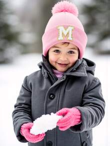 1顶个性化刺绣婴儿针织帽，26个字母针织绒球帽，适合幼儿男孩和女孩 - 粉色 - 查看 5