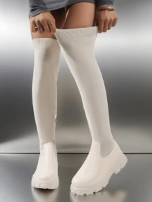 Botas altas elásticas y de talla grande para mujeres, botas cómodas y transpirables de punto, con parte superior fácil de limpiar, botas de moda que combinan con todos los atuendos en otoño/invierno, botas clásicas, botas con suela gruesa y de moda, botas de invierno, botas casuales, botas elegantes