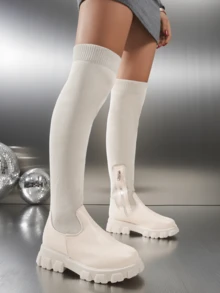 Botas altas elásticas y de talla grande para mujeres, botas cómodas y transpirables de punto, con parte superior fácil de limpiar, botas de moda que combinan con todos los atuendos en otoño/invierno, botas clásicas, botas con suela gruesa y de moda, botas de invierno, botas casuales, botas elegantes