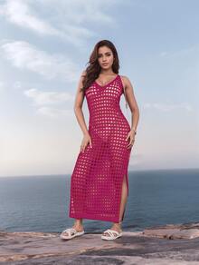 Long Crochet Beach Cover-Up With Elegant Slit. National Shipping. - 粉色 - 查看 1