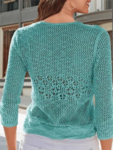 Womens Sheer Shrug Sweaters 3/4 Sleeve Open Front Tie Cardigan Bolero Jacket Lightweight Crochet Knit Cover Up Tops - Hồ xanh - Xem 2