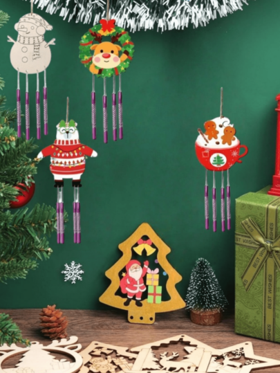 Wooden Christmas Cute Wind Chime Ornament, DIY Wind Chime Decor, Creative Coloring & Graffiti Wind Chime DIY Craft, Christmas Holiday Party Decoration Home Decor Christmas Decorations Room Decor