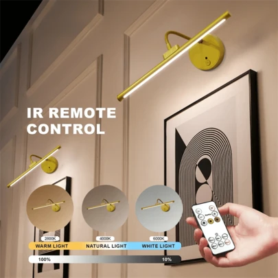 1 件无线镜前灯，可调亮度画廊灯，带遥控器，USB 充电，三色温调节，可定时，适用于浴室、厨房、客厅、卧室（1800mAh）