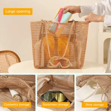 大容量可折叠网眼游泳包带口袋，沙滩网袋透明手提包挖沙袋适合海边度假，沐浴游泳洗漱用品收纳袋，网眼手提包学校手提包适合少女度假、假日、购物 - 卡其色 - 查看 4