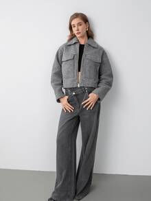 HZXVIC Women's Autumn New Solid Color Zipper Casual Large Pocket Commuter Jacket - Grey - View 3